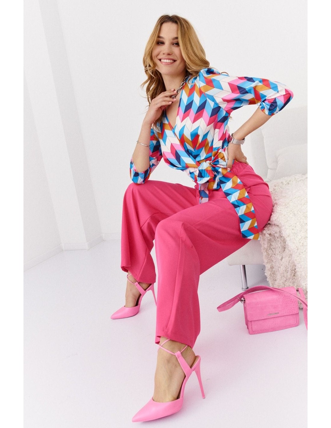 Bluza plic cu cravate in lateral, albastru si roz 020200 - Magazin online - Boutique